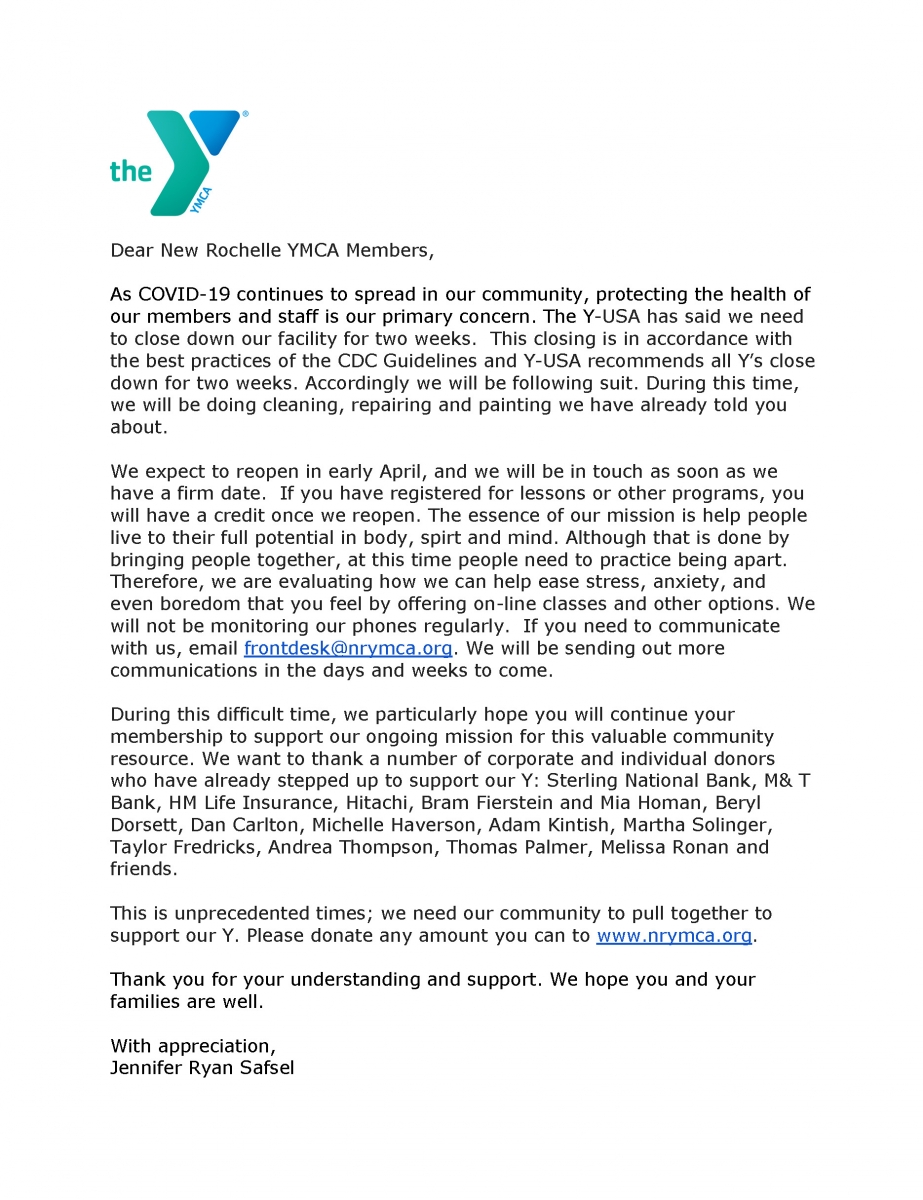 Letter to Members Regarding COVID-19 Closure